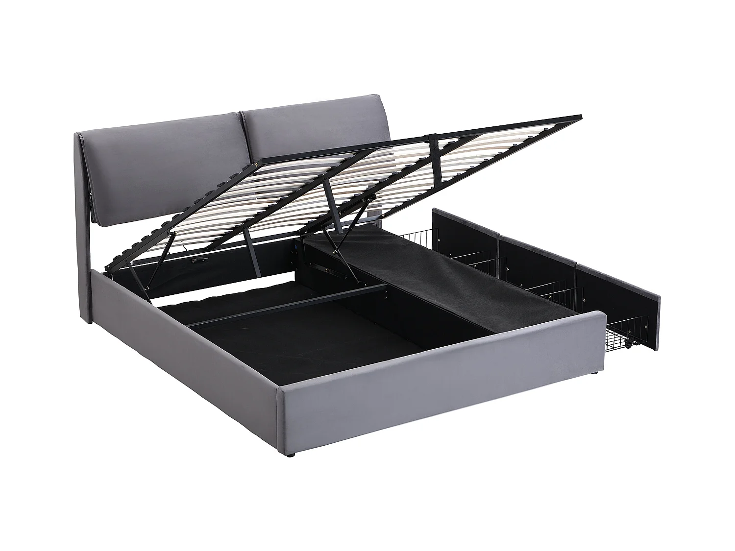 Lit coffre 180x200 cm - Lit adulte avec 3 tiroirs, coffres de rangement et tête de lit - Velours - Gris