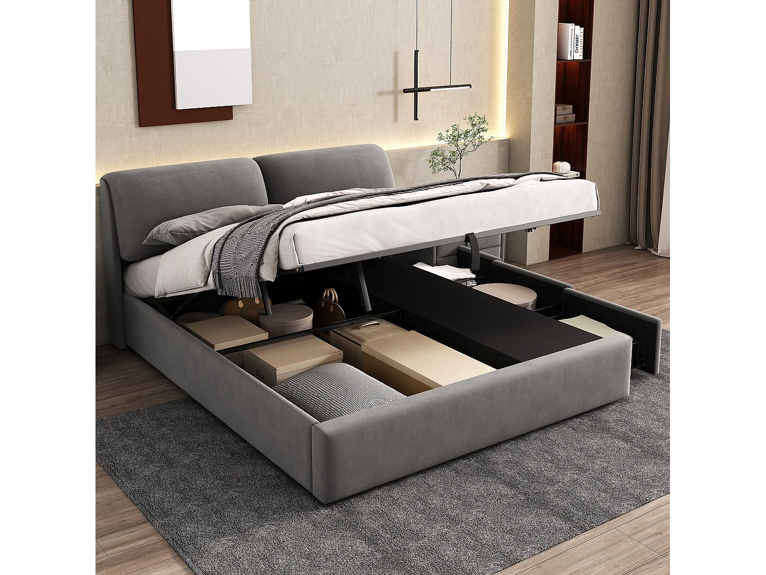 Lit coffre 180x200 cm - Lit adulte avec 3 tiroirs, coffres de rangement et tête de lit - Velours - Gris