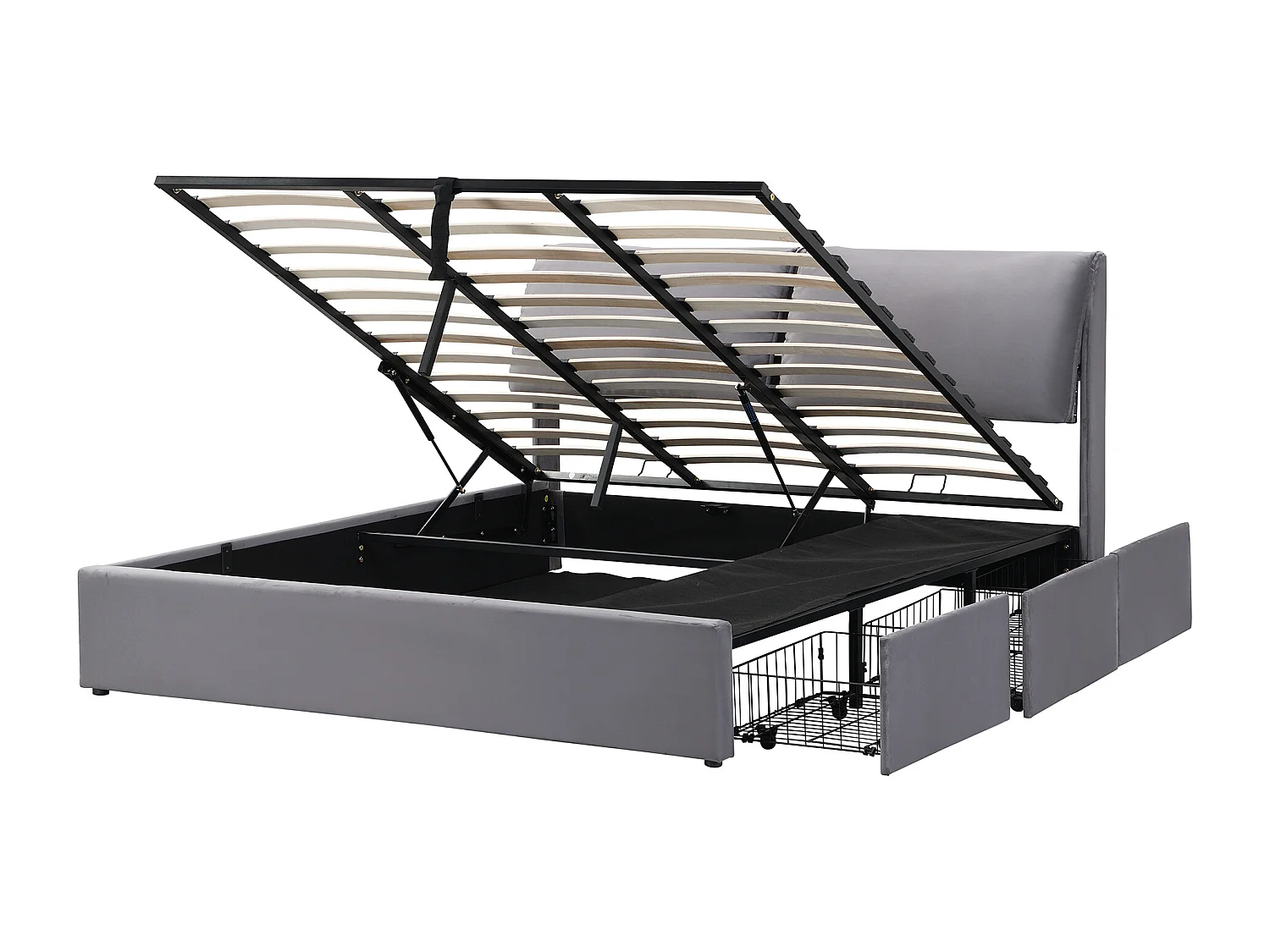 Lit coffre 180x200 cm - Lit adulte avec 3 tiroirs, coffres de rangement et tête de lit - Velours - Gris