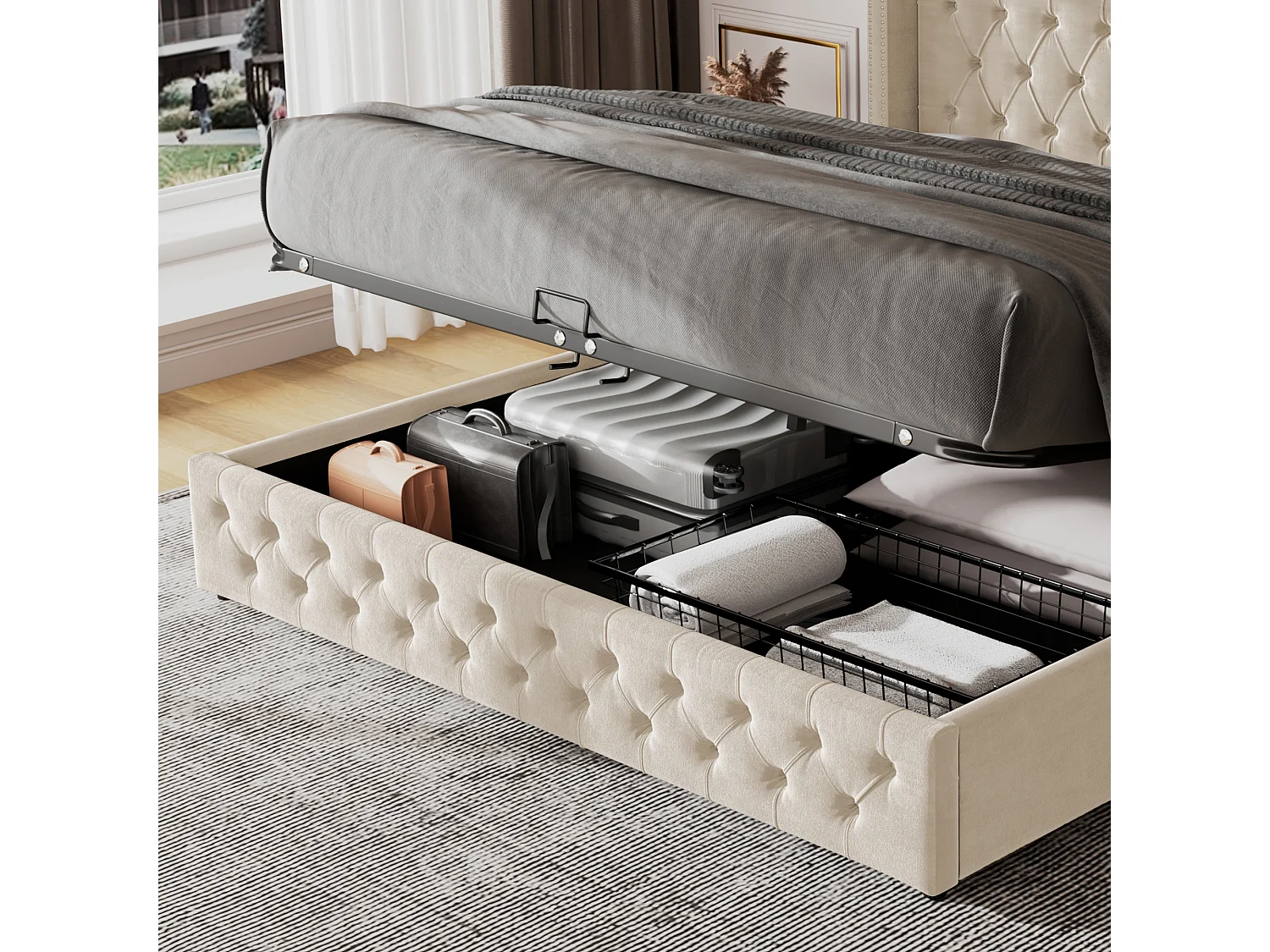 Lit coffre 160x200 cm - lit adulte en forme d'oreille double rangée de rivets - lit double - velours - beige