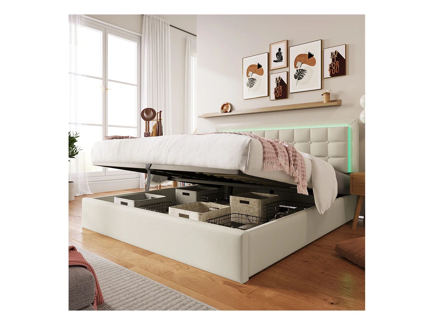 Stauraumbett 180x200 cm - gepolstertes Doppelbett mit LED-Beleuchtung - PU - weiß