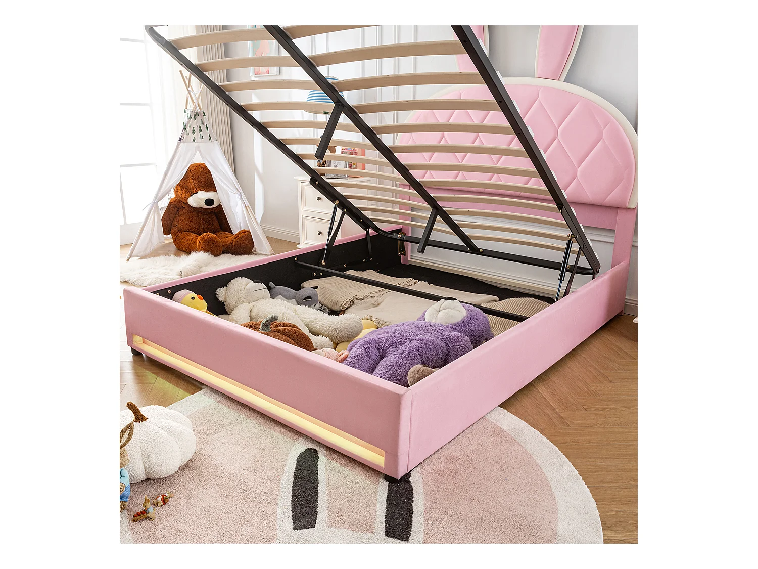 Lit coffre enfant 140x200cm lit adulte en velours rose et Éclairage LED(sans matelas)