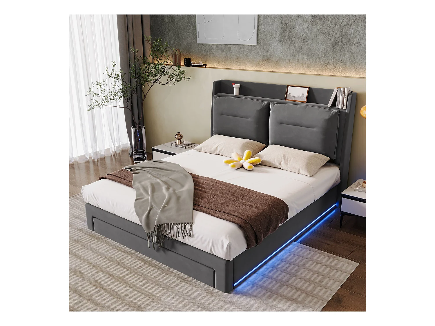 Lit coffre 140x190 cm - lit double avec tiroir de rangement 2 en 1 et bande lumineuse LED - velours - gris foncé - sans matelas