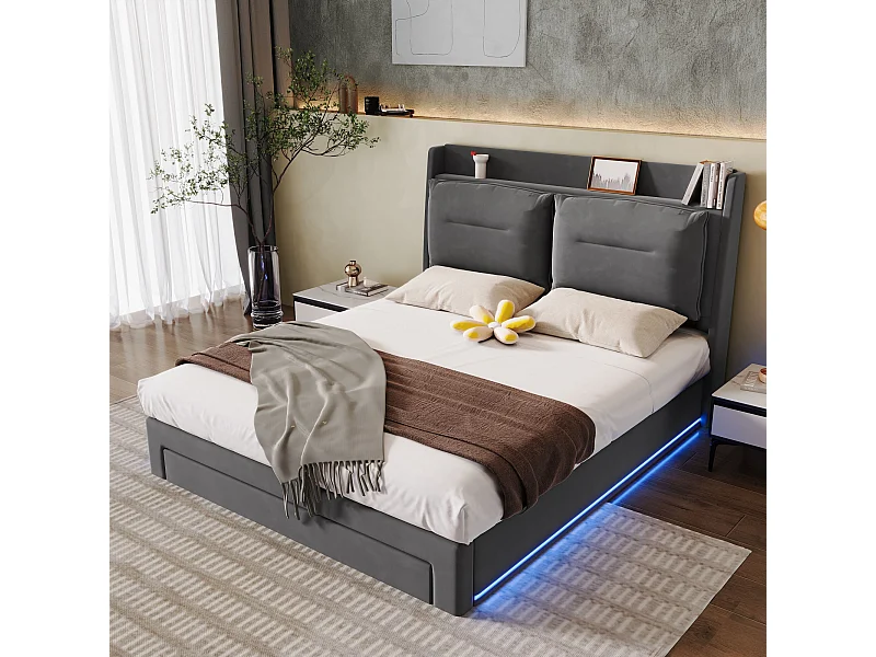 Lit coffre 140x190 cm - lit double avec tiroir de rangement 2 en 1 et bande lumineuse LED - velours - gris foncé - sans matelas