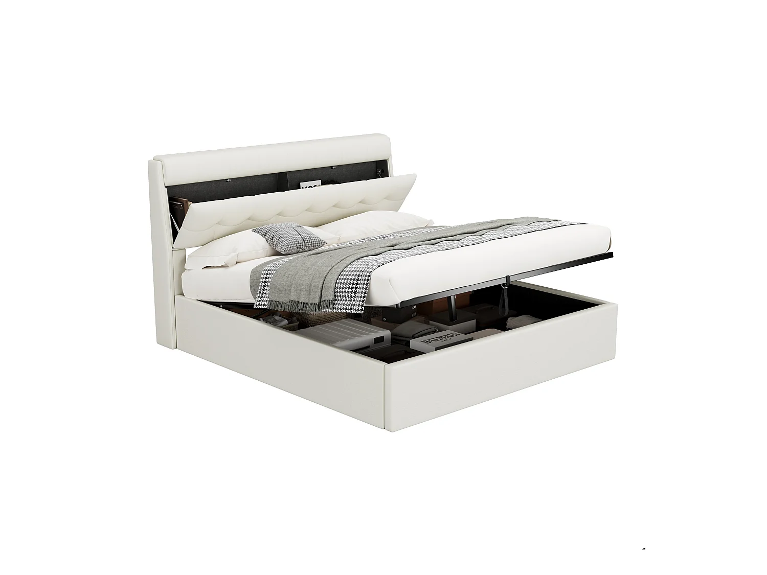 Lit coffre 160x200 cm - lit capitonné avec sommier à lattes et tête de lit coffre - PU - blanc - sans matelas