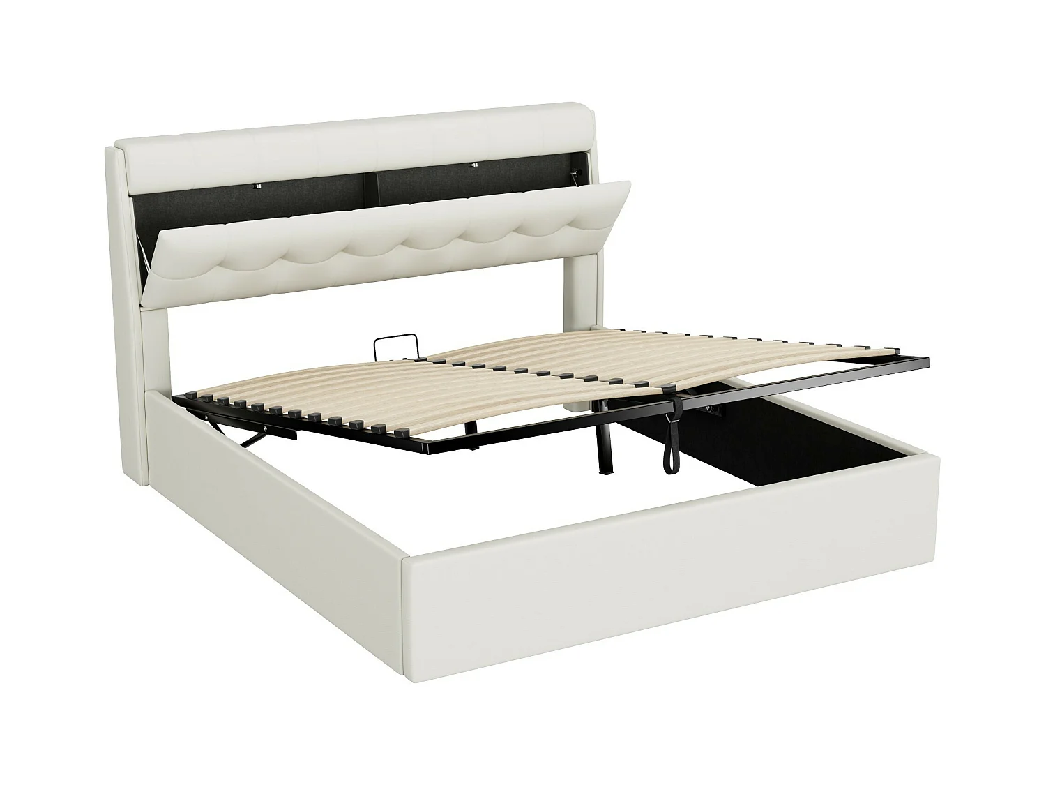 Lit coffre 160x200 cm - lit capitonné avec sommier à lattes et tête de lit coffre - PU - blanc - sans matelas