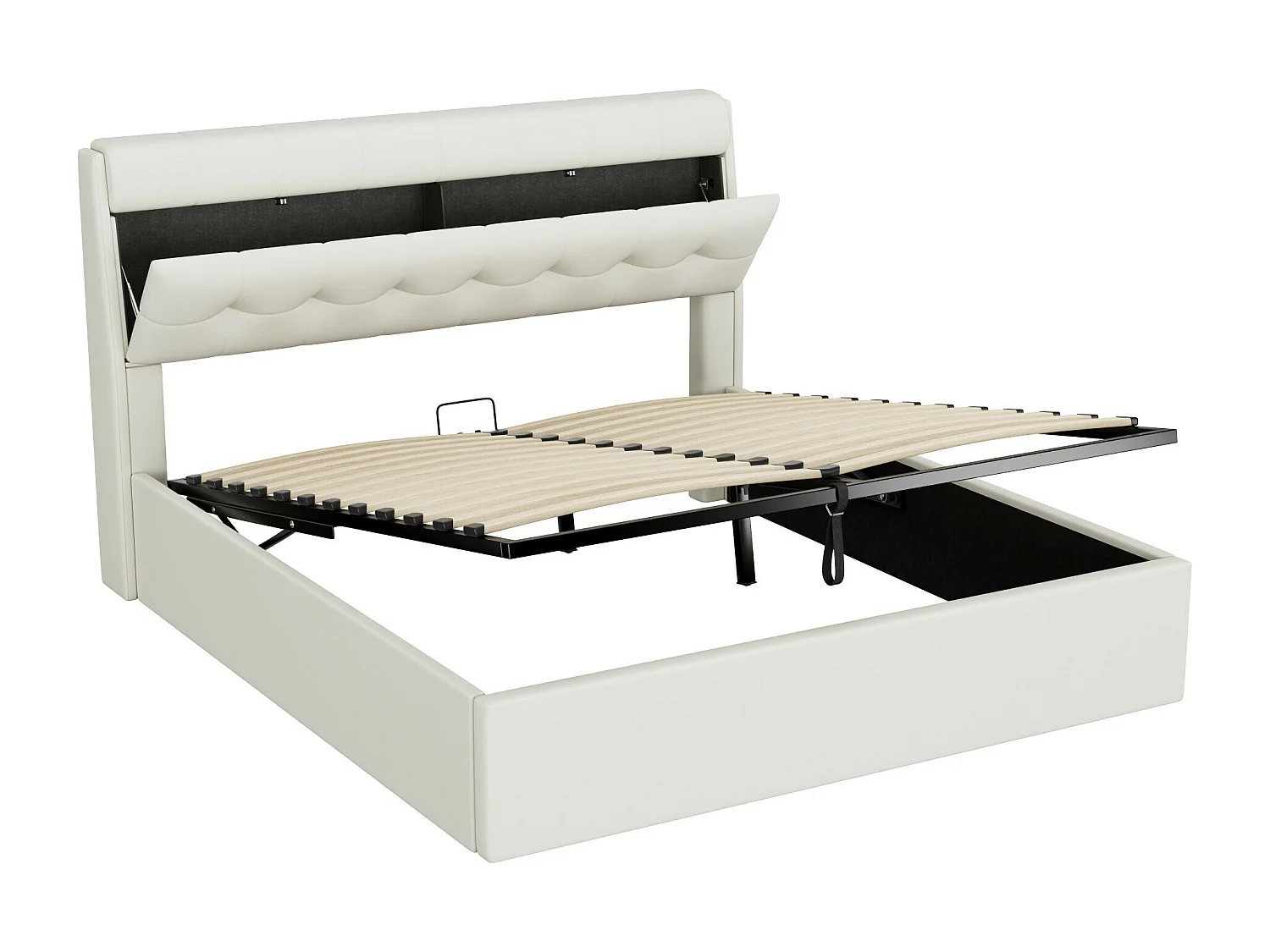 Lit coffre 160x200 cm - lit capitonné avec sommier à lattes et tête de lit coffre - PU - blanc - sans matelas