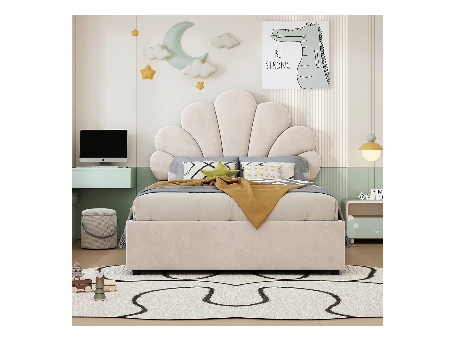 Lit coffre 90x200 cm beige en velours - lit adulte simple Tête Florale et Sommier - lit avec rangement - Sans Matelas