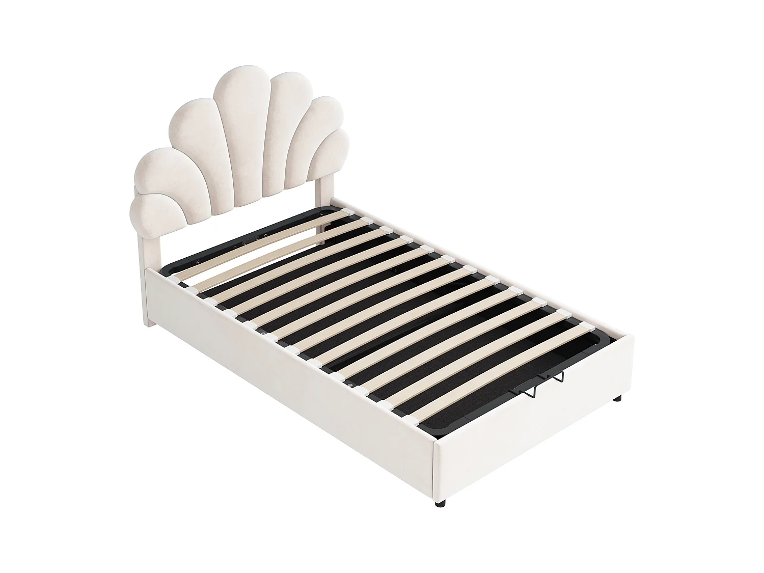 Lit coffre 90x200 cm beige en velours - lit adulte simple Tête Florale et Sommier - lit avec rangement - Sans Matelas