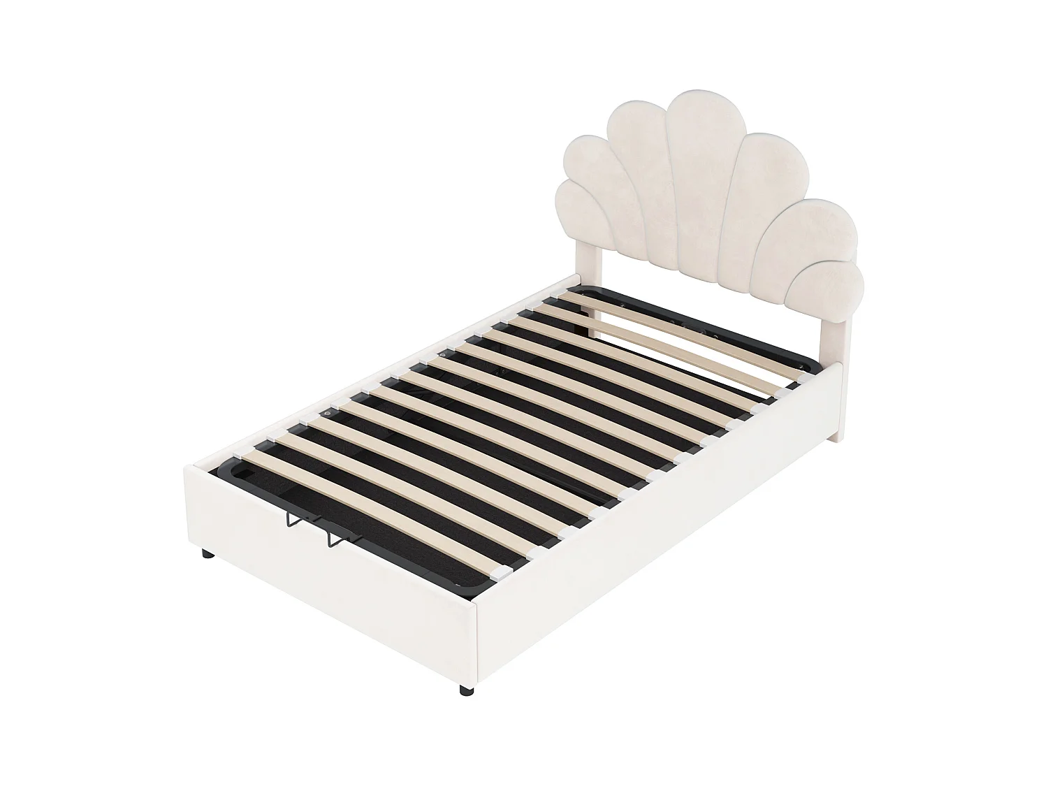 Lit coffre 90x200 cm beige en velours - lit adulte simple Tête Florale et Sommier - lit avec rangement - Sans Matelas