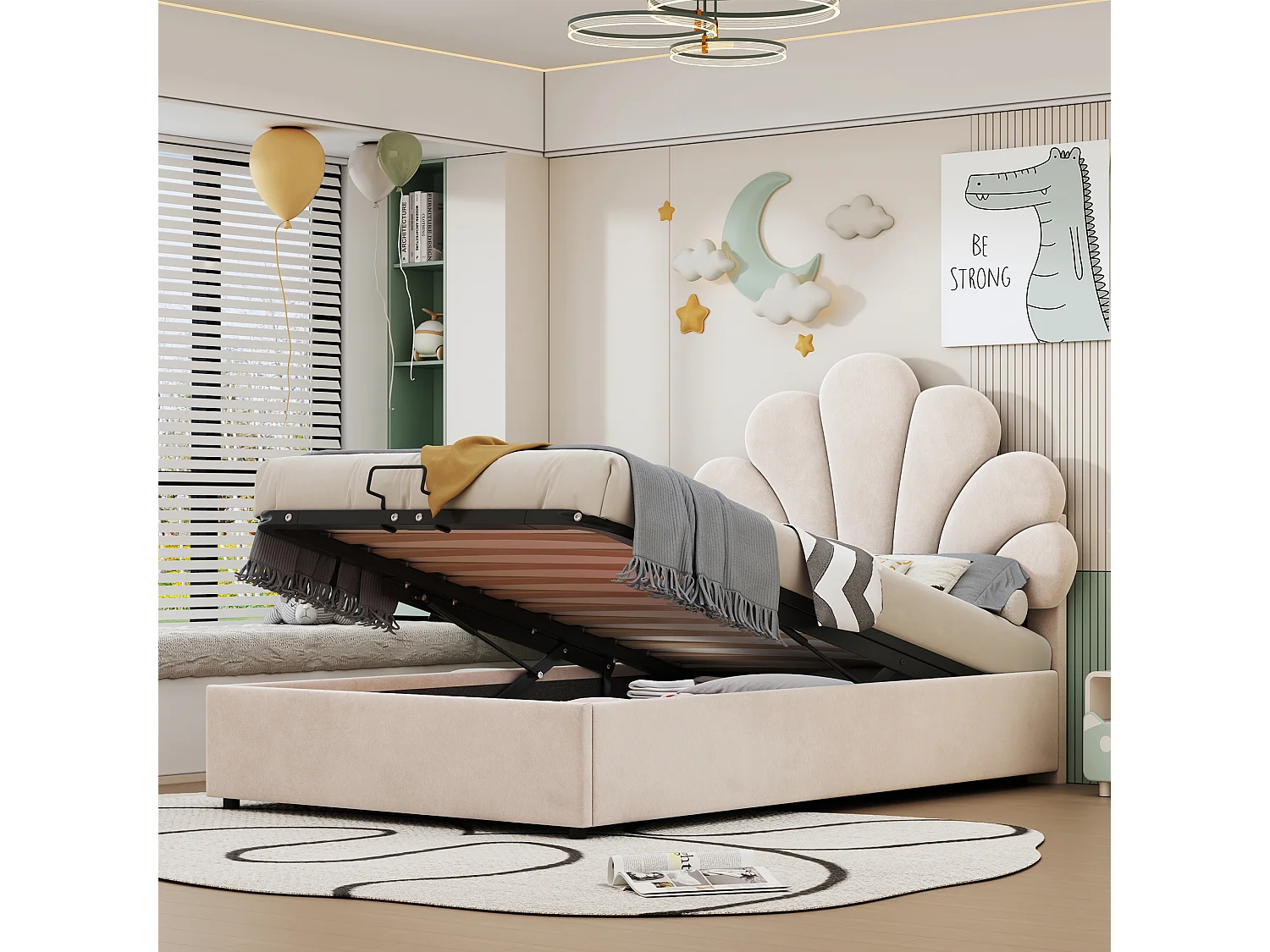 Lit coffre 90x200 cm beige en velours - lit adulte simple Tête Florale et Sommier - lit avec rangement - Sans Matelas