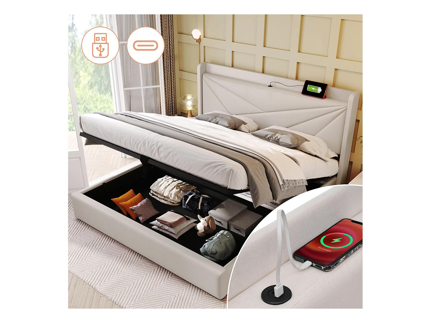 Lit coffre 160x200 cm - lit double capitonné avec tête de lit avec chargement USB Type C - lin - beige - sans matelas