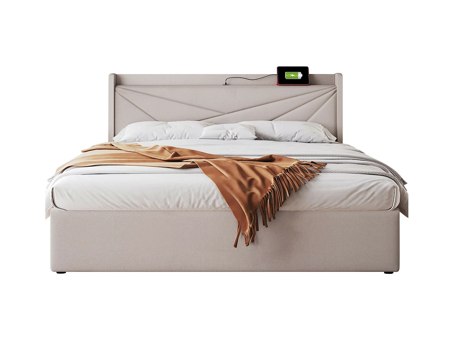 Lit coffre 160x200 cm - lit double capitonné avec tête de lit avec chargement USB Type C - lin - beige - sans matelas