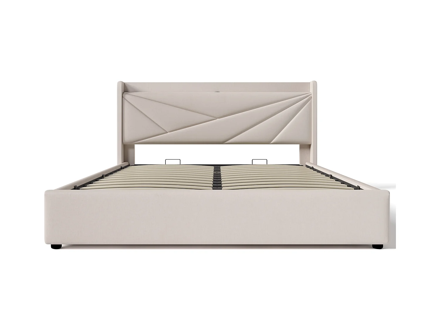 Lit coffre 160x200 cm - lit double capitonné avec tête de lit avec chargement USB Type C - lin - beige - sans matelas