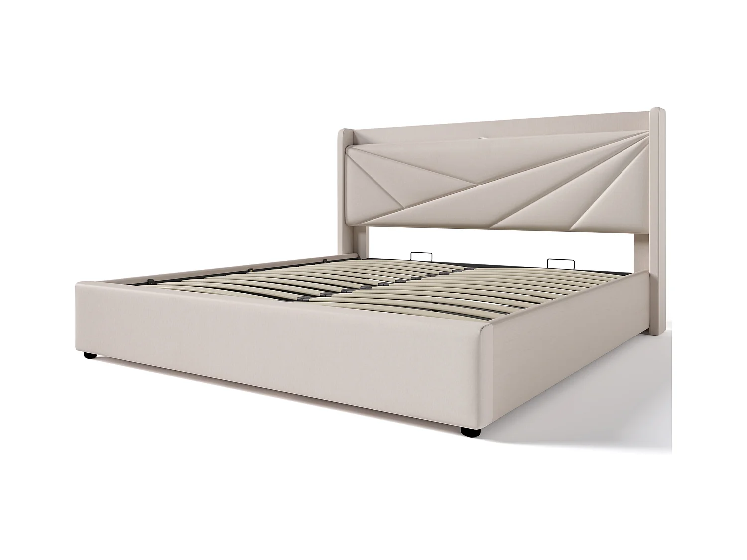 Lit coffre 160x200 cm - lit double capitonné avec tête de lit avec chargement USB Type C - lin - beige - sans matelas