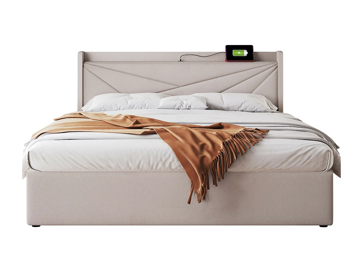 Lit coffre 160x200 cm - lit double capitonné avec tête de lit avec chargement USB Type C - lin - beige - sans matelas