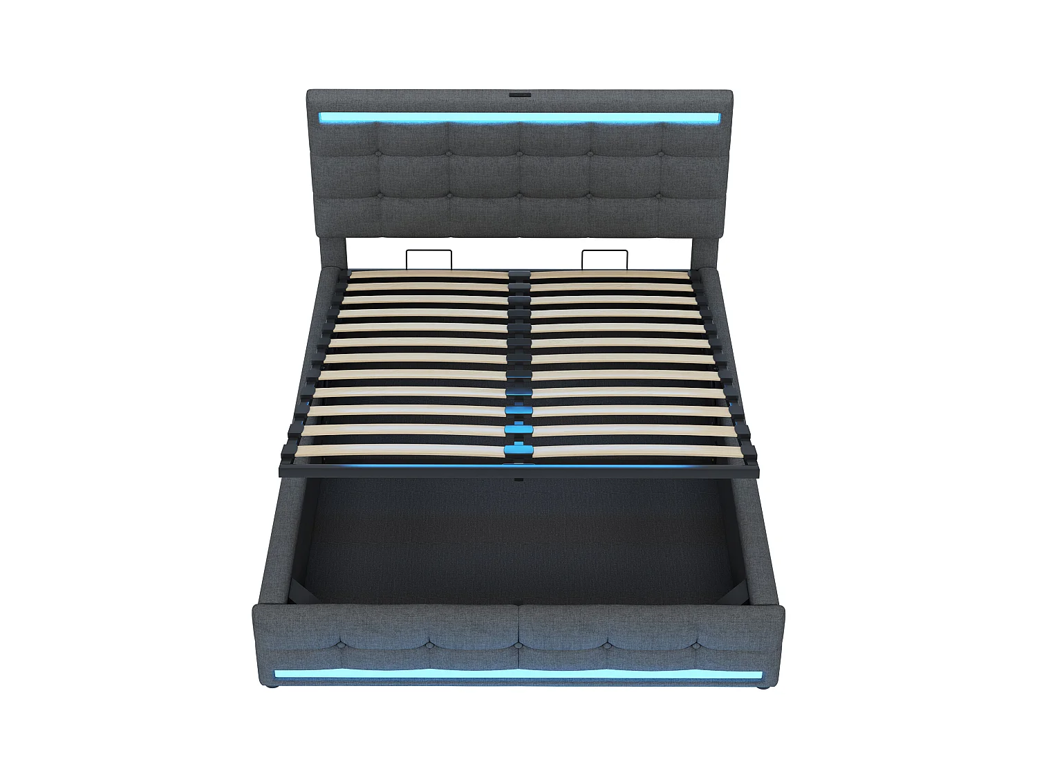 Lit coffre adulte 140x200cm lit adulte avec ports USB et LED, tête de lit, en lin gris(sans matelas)