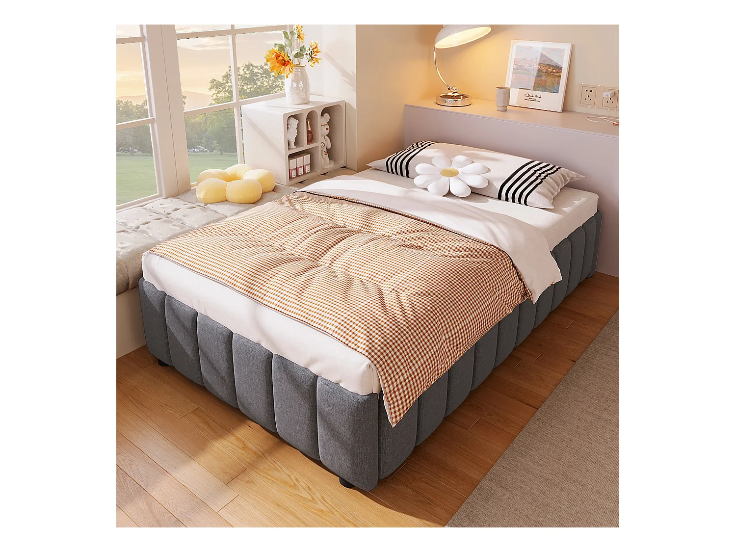 Letto contenitore minimalista 90x200cm in lino grigio senza testiera con contenitore idraulico (senza materasso)