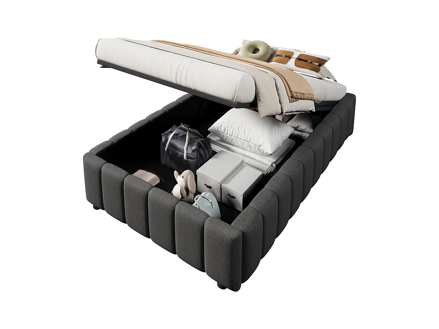 Letto contenitore minimalista 90x200cm in lino grigio senza testiera con contenitore idraulico (senza materasso)