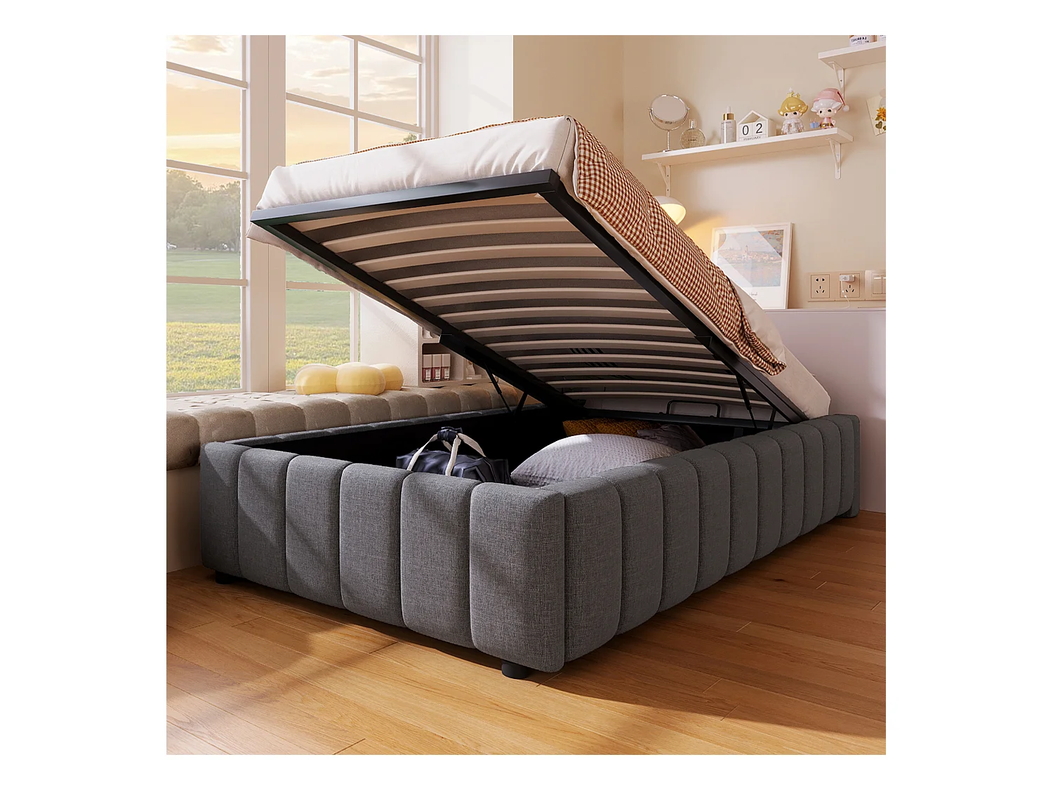 Cama baúl 90x200cm minimalista, en lino gris sin cabecero con almacenamiento hidráulico (sin colchón)