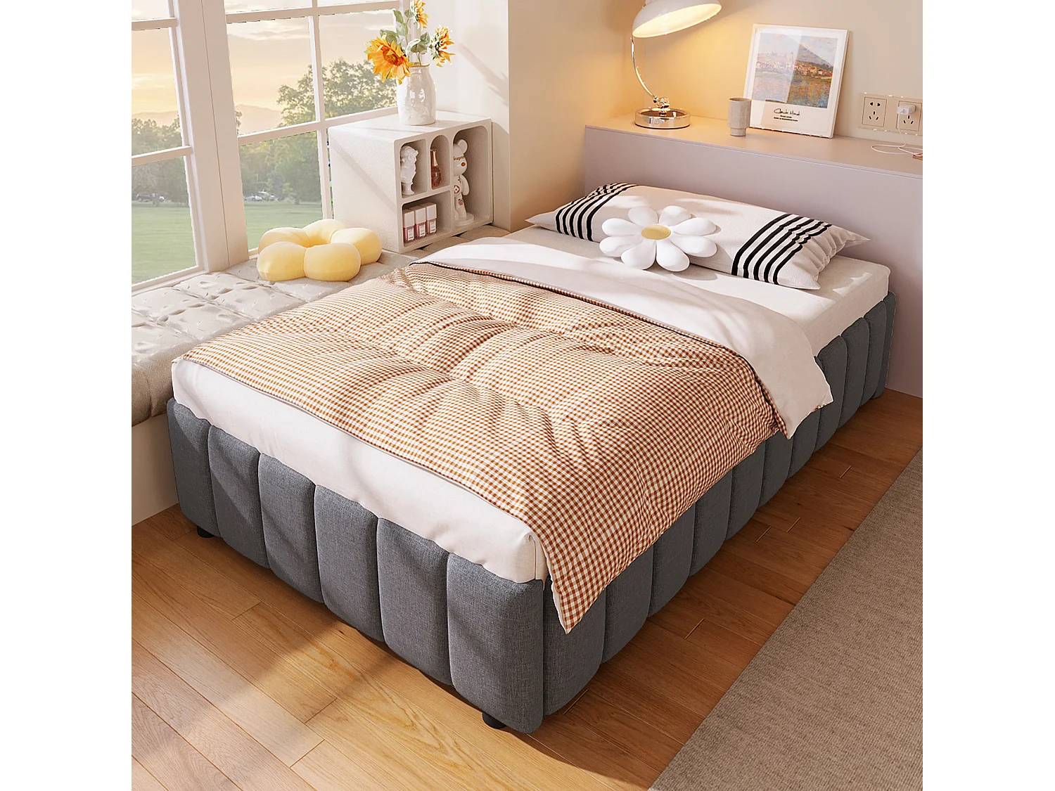 Lit coffre 90x200cm minimaliste, en lin gris sans tête de lit avec rangement hydraulique(sans matelas)