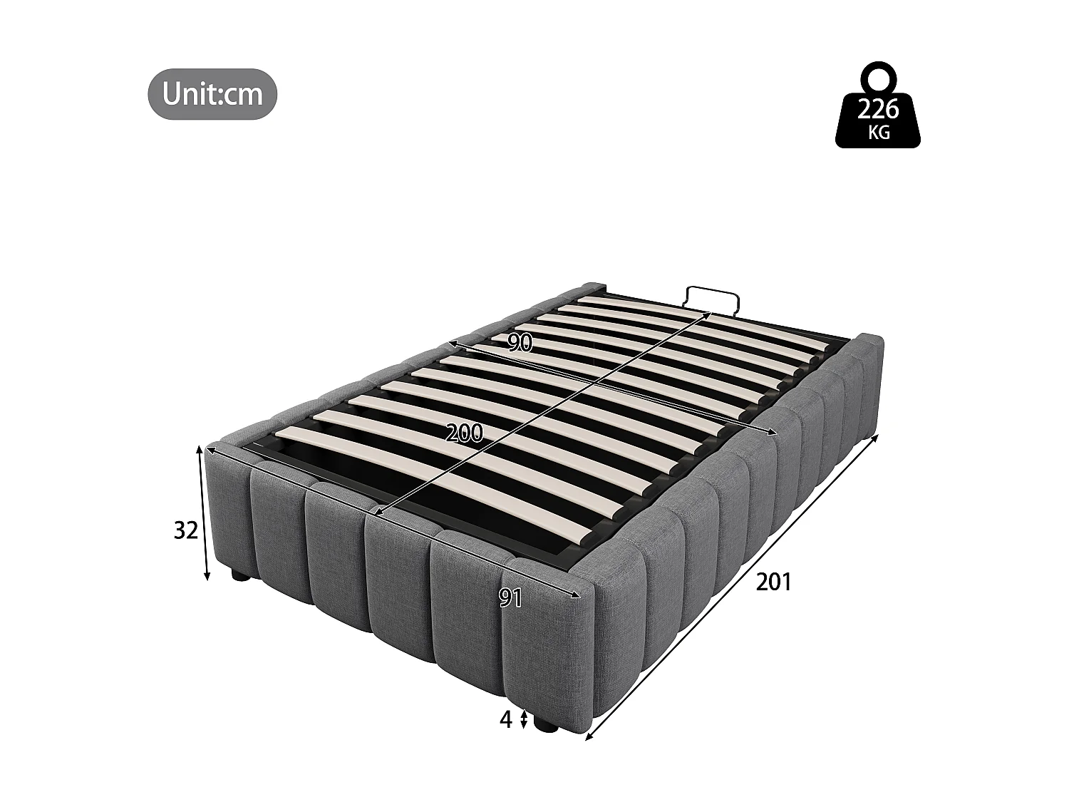 Lit coffre 90x200cm minimaliste, en lin gris sans tête de lit avec rangement hydraulique(sans matelas)