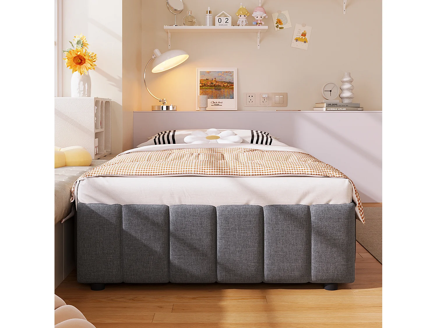 Lit coffre 90x200cm minimaliste, en lin gris sans tête de lit avec rangement hydraulique(sans matelas)