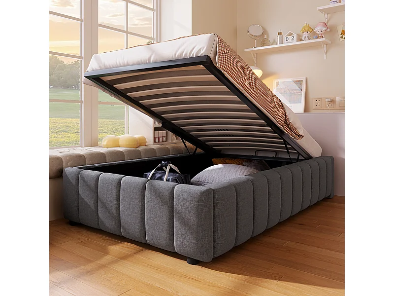 Minimalistisch opbergbed 90x200cm, in grijs linnen zonder hoofdbord met hydraulische opbergruimte (zonder matras)