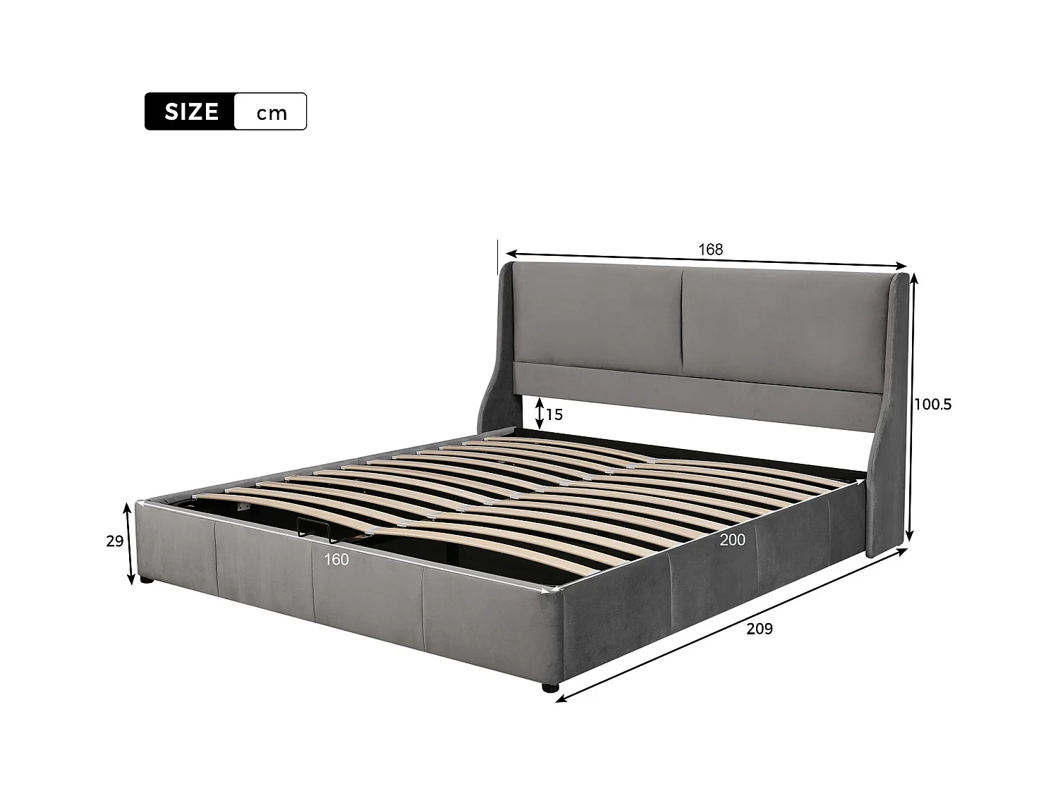 Lit coffre 160x200 cm - Lit adulte - lit à fonction hydraulique - forme oreille - velours - gris