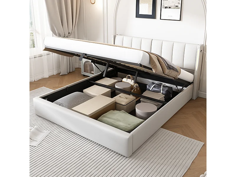Dubbel opbergbed 160x200 cm, volwassen bed met LED, USB en verstelbare rugleuning in wit PU (zonder matras)