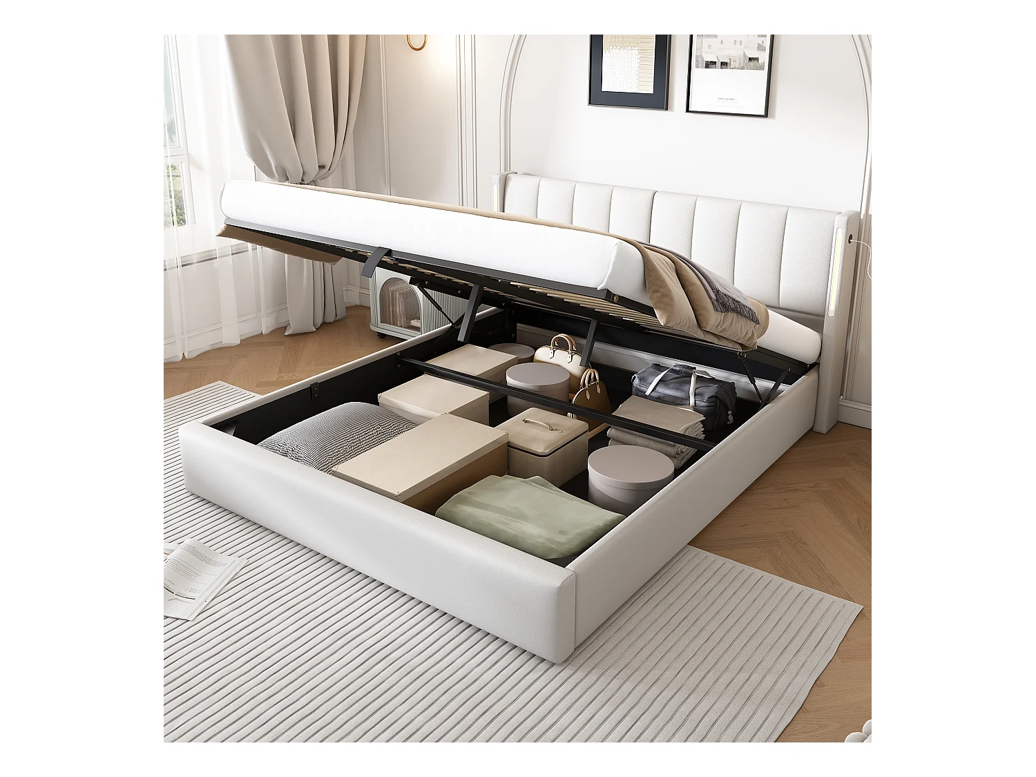 Lit coffre adulte 160x200 cm ,lit adulte avec LED, USB et dossier inclinable en PU blanc(sans matelas)