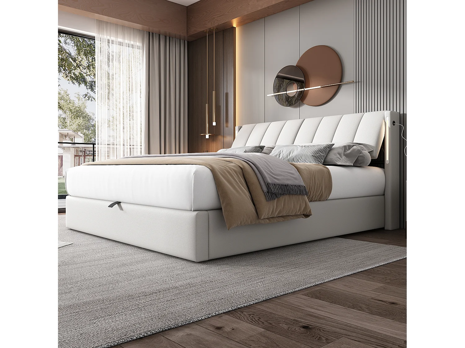 Lit coffre adulte 160x200 cm ,lit adulte avec LED, USB et dossier inclinable en PU blanc(sans matelas)