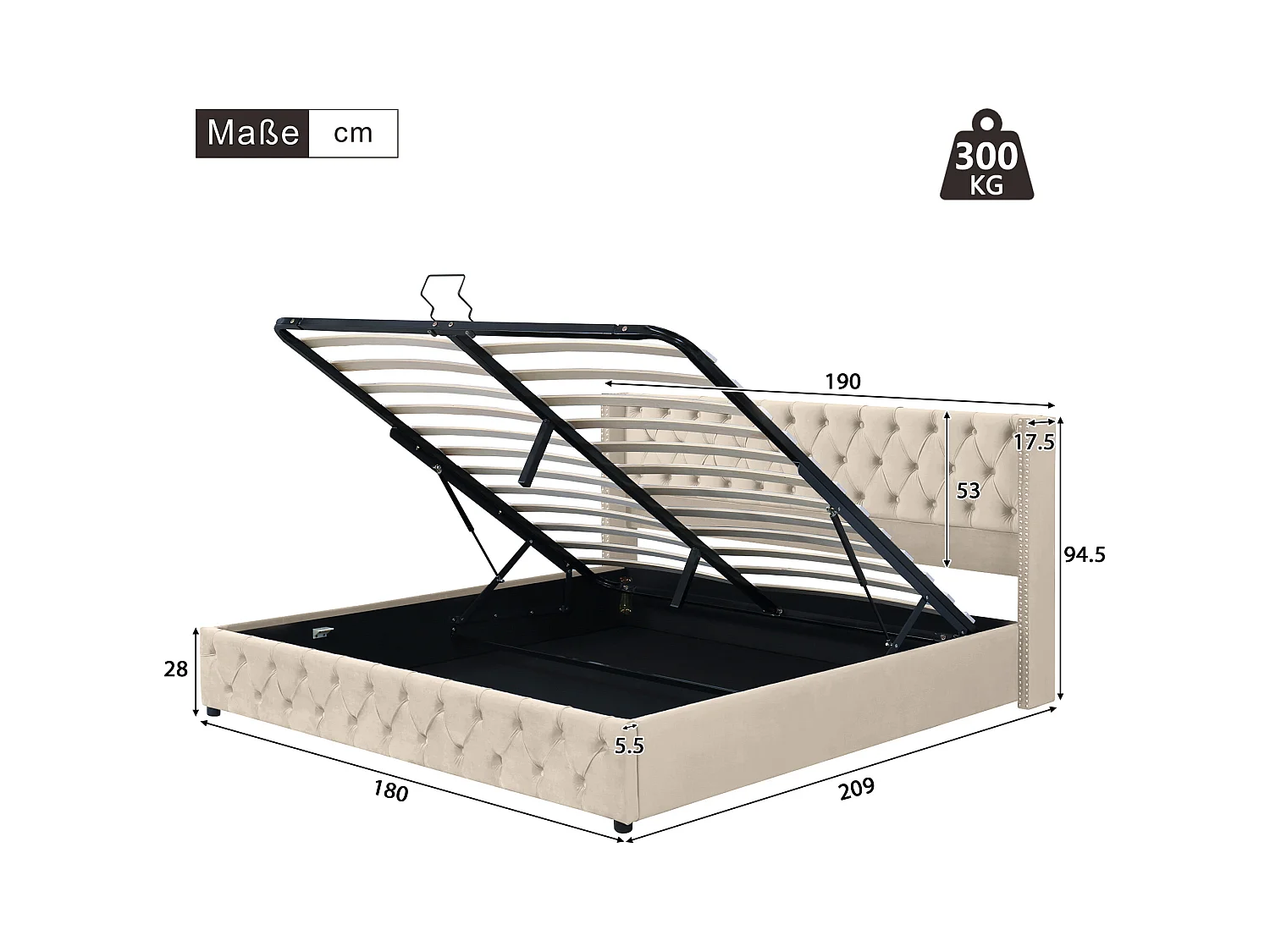 Lit coffre 180x200 cm - lit adulte en forme d'oreille double rangée de rivets - lit double - velours - beige