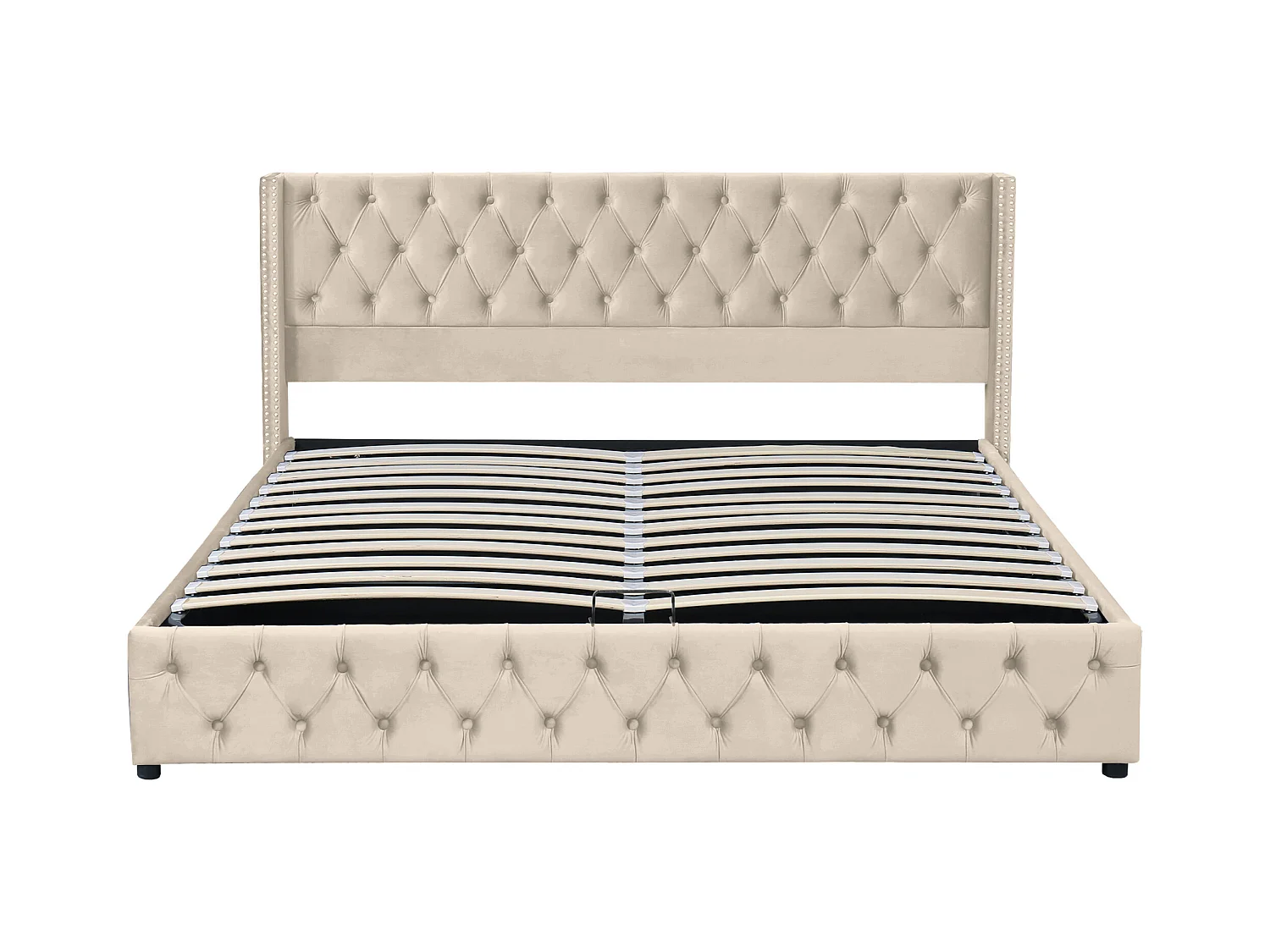 Lit coffre 180x200 cm - lit adulte en forme d'oreille double rangée de rivets - lit double - velours - beige