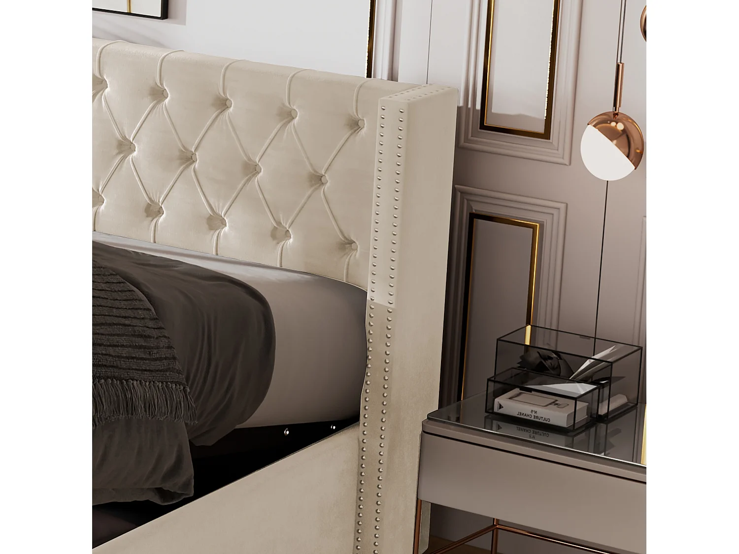 Lit coffre 180x200 cm - lit adulte en forme d'oreille double rangée de rivets - lit double - velours - beige