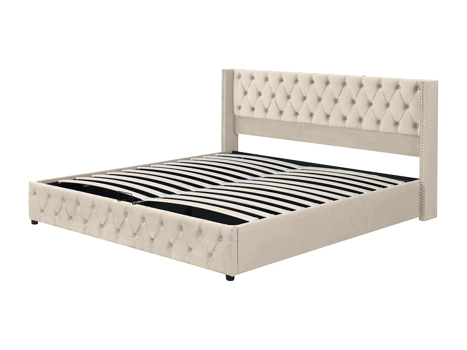 Lit coffre 180x200 cm - lit adulte en forme d'oreille double rangée de rivets - lit double - velours - beige