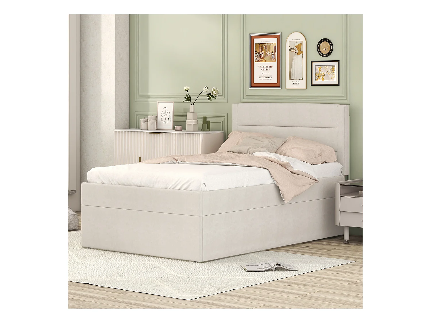 Lit coffre enfant 90x200 cm, lit adulte en lin beige, style minimaliste, sans matelas