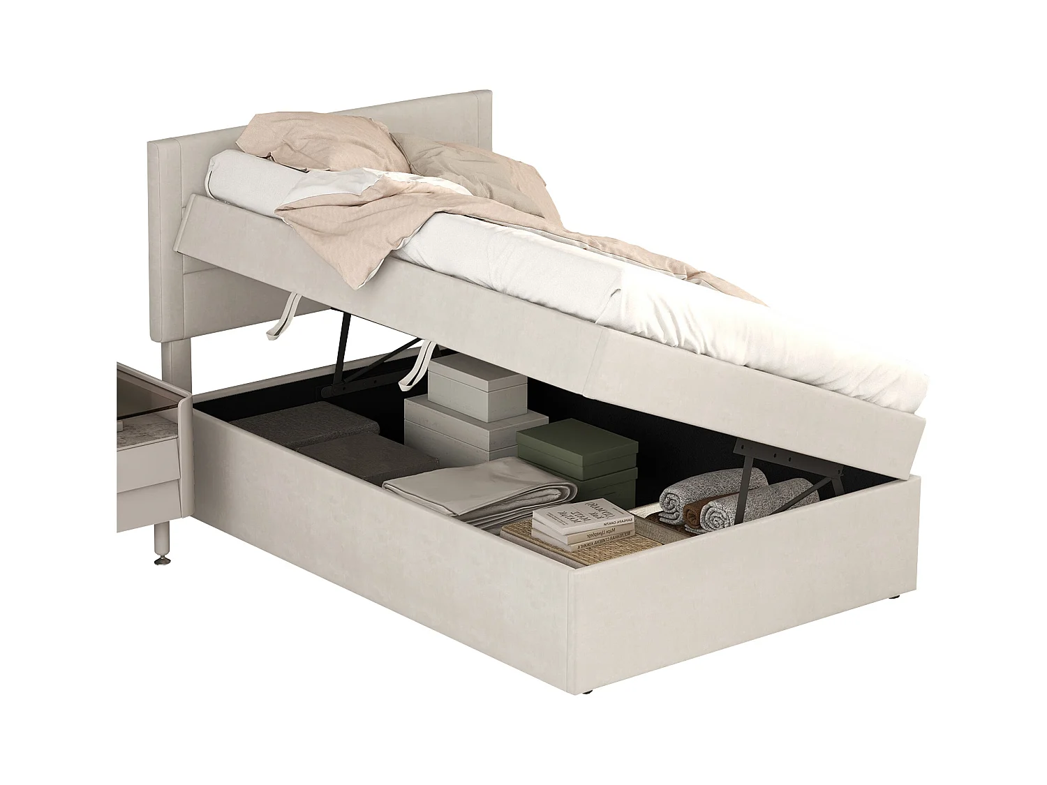 Lit coffre enfant 90x200 cm, lit adulte en lin beige, style minimaliste, sans matelas