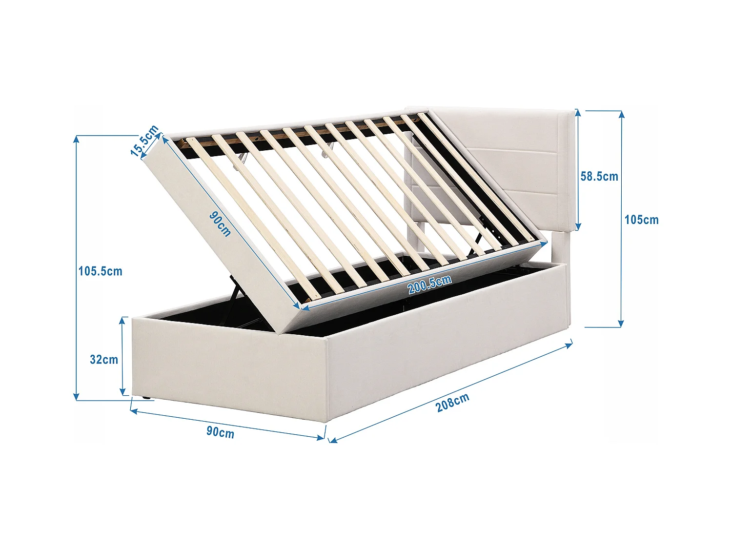 Lit coffre enfant 90x200 cm, lit adulte en lin beige, style minimaliste, sans matelas