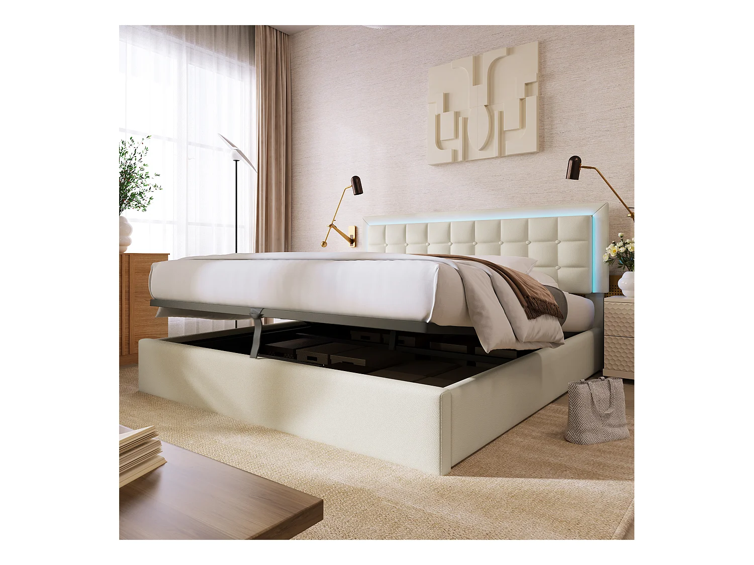 Lit coffre 140x200 cm - lit double capitonné avec éclairage LED - PU - blanc