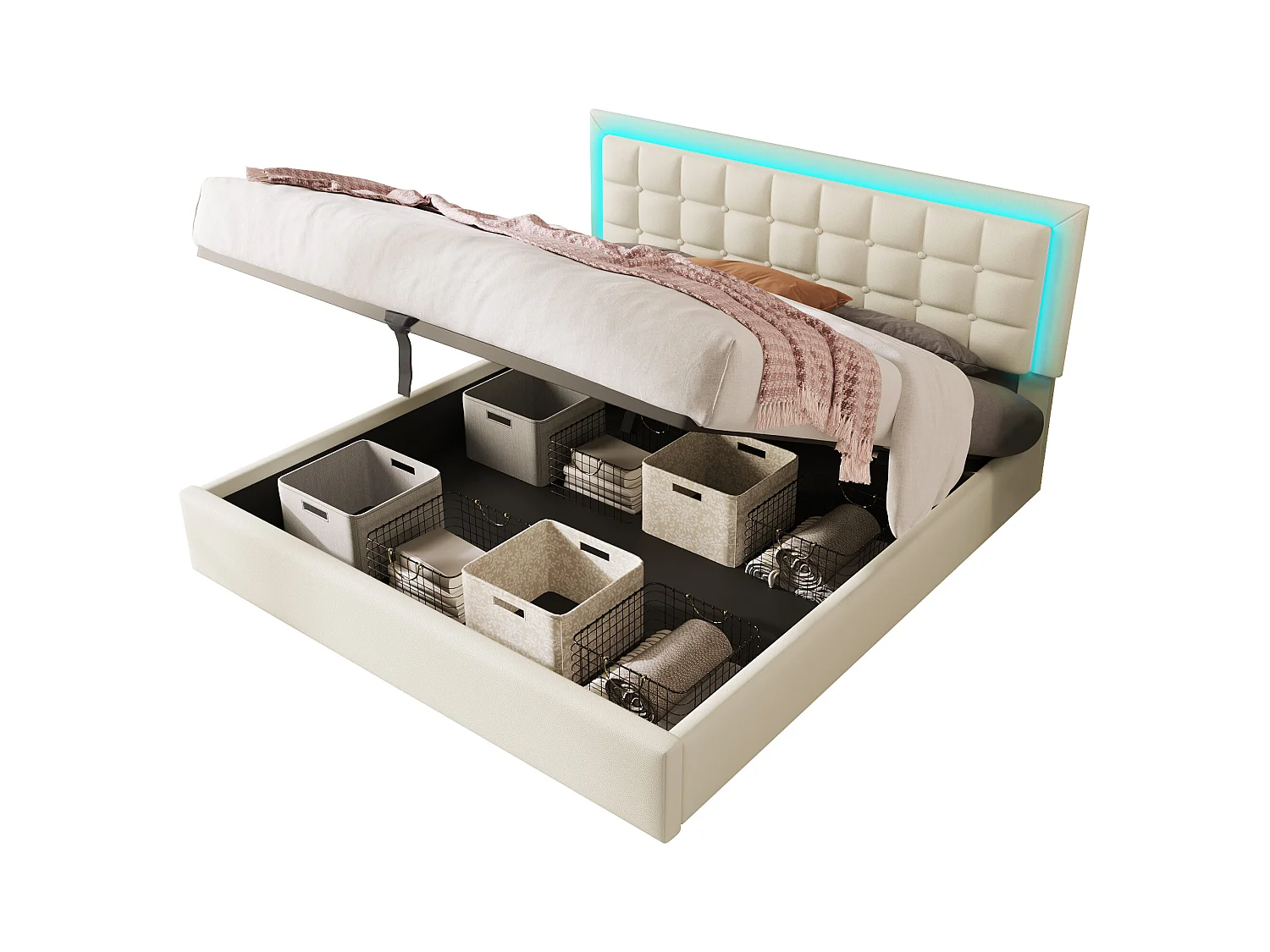 Lit coffre 140x200 cm - lit double capitonné avec éclairage LED - PU - blanc