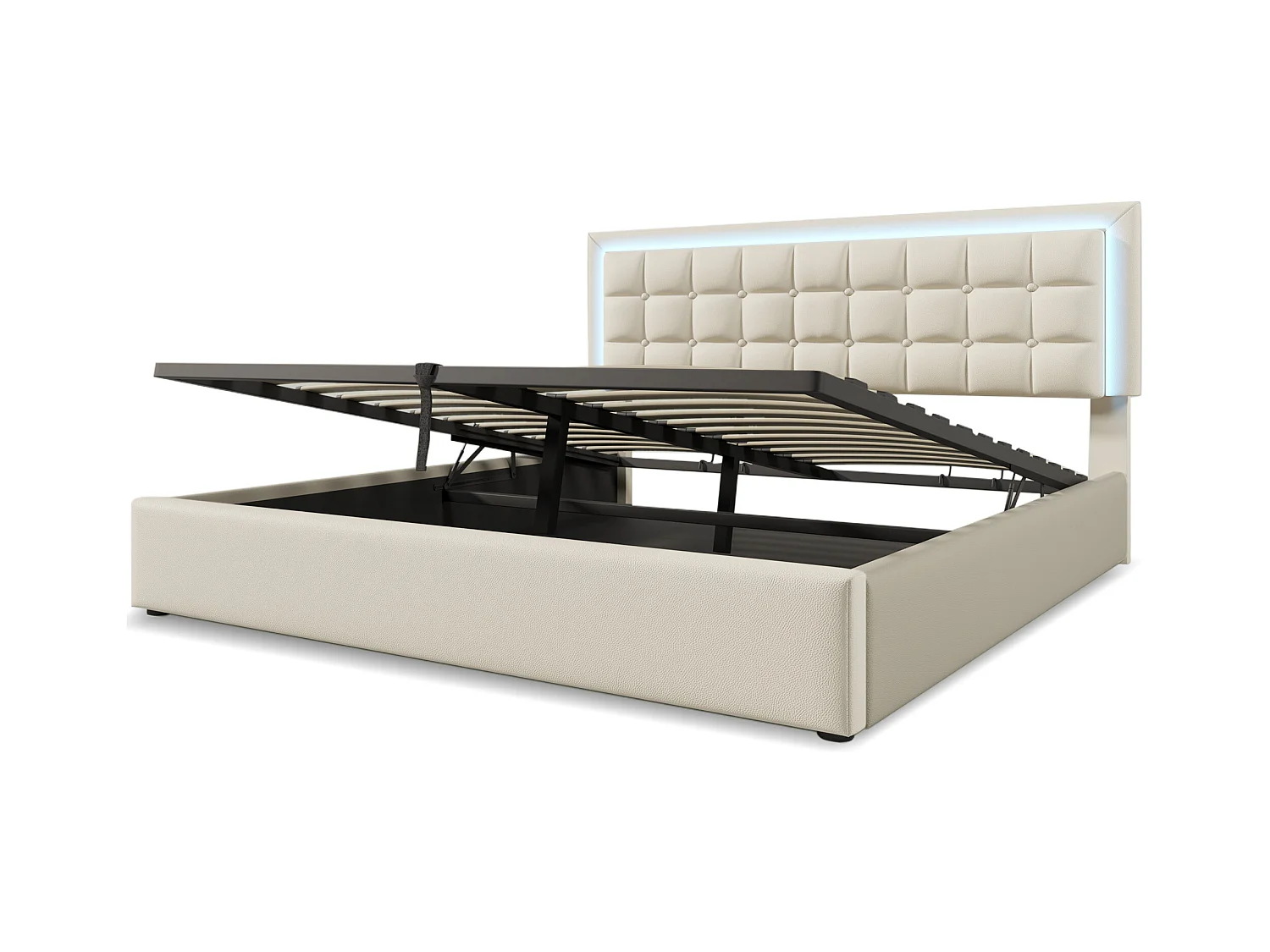 Lit coffre 140x200 cm - lit double capitonné avec éclairage LED - PU - blanc