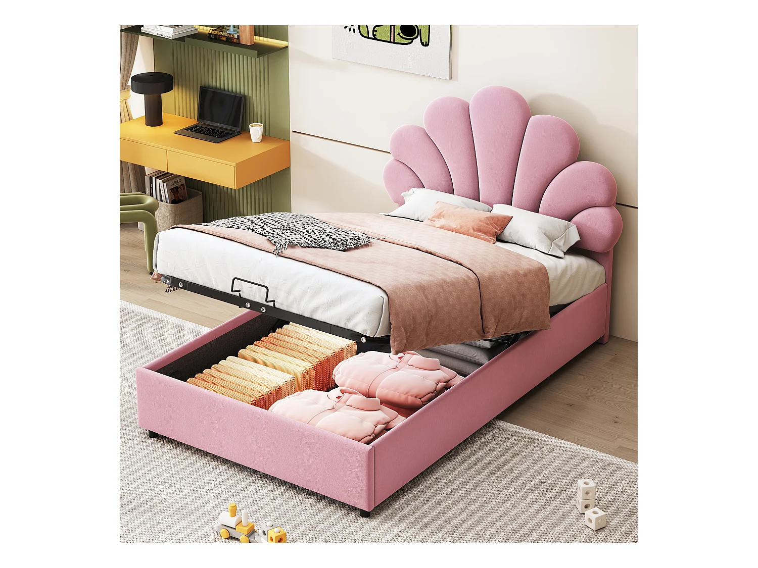 Lit coffre 90x200 cm rose en velours - lit adulte simple Tête Florale et Sommier - lit avec rangement - Sans Matelas