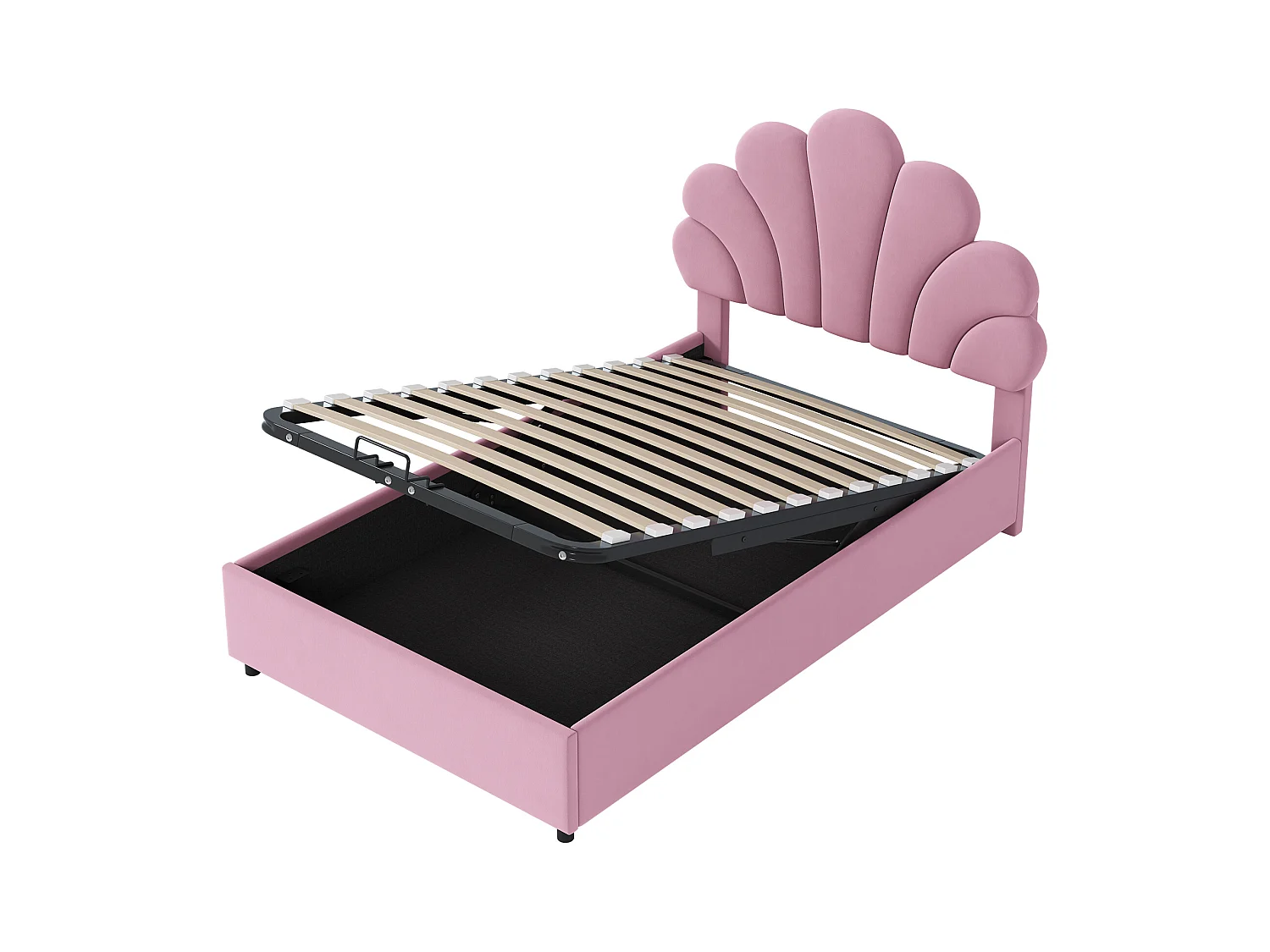 Lit coffre 90x200 cm rose en velours - lit adulte simple Tête Florale et Sommier - lit avec rangement - Sans Matelas