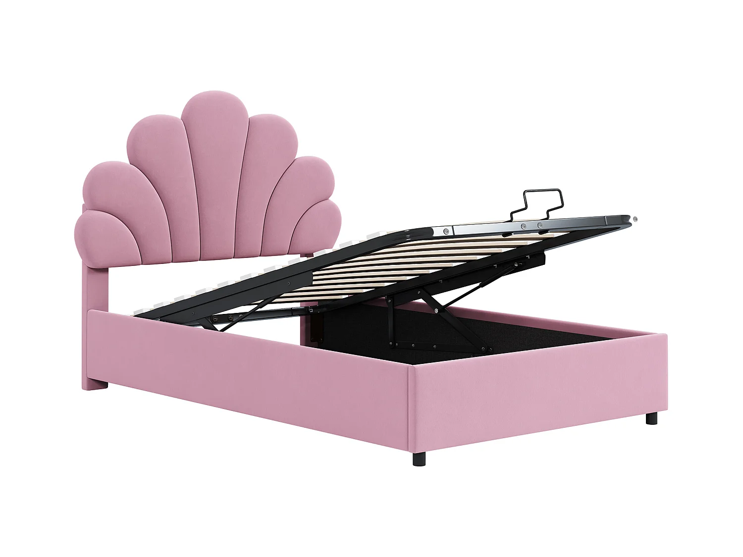 Lit coffre 90x200 cm rose en velours - lit adulte simple Tête Florale et Sommier - lit avec rangement - Sans Matelas