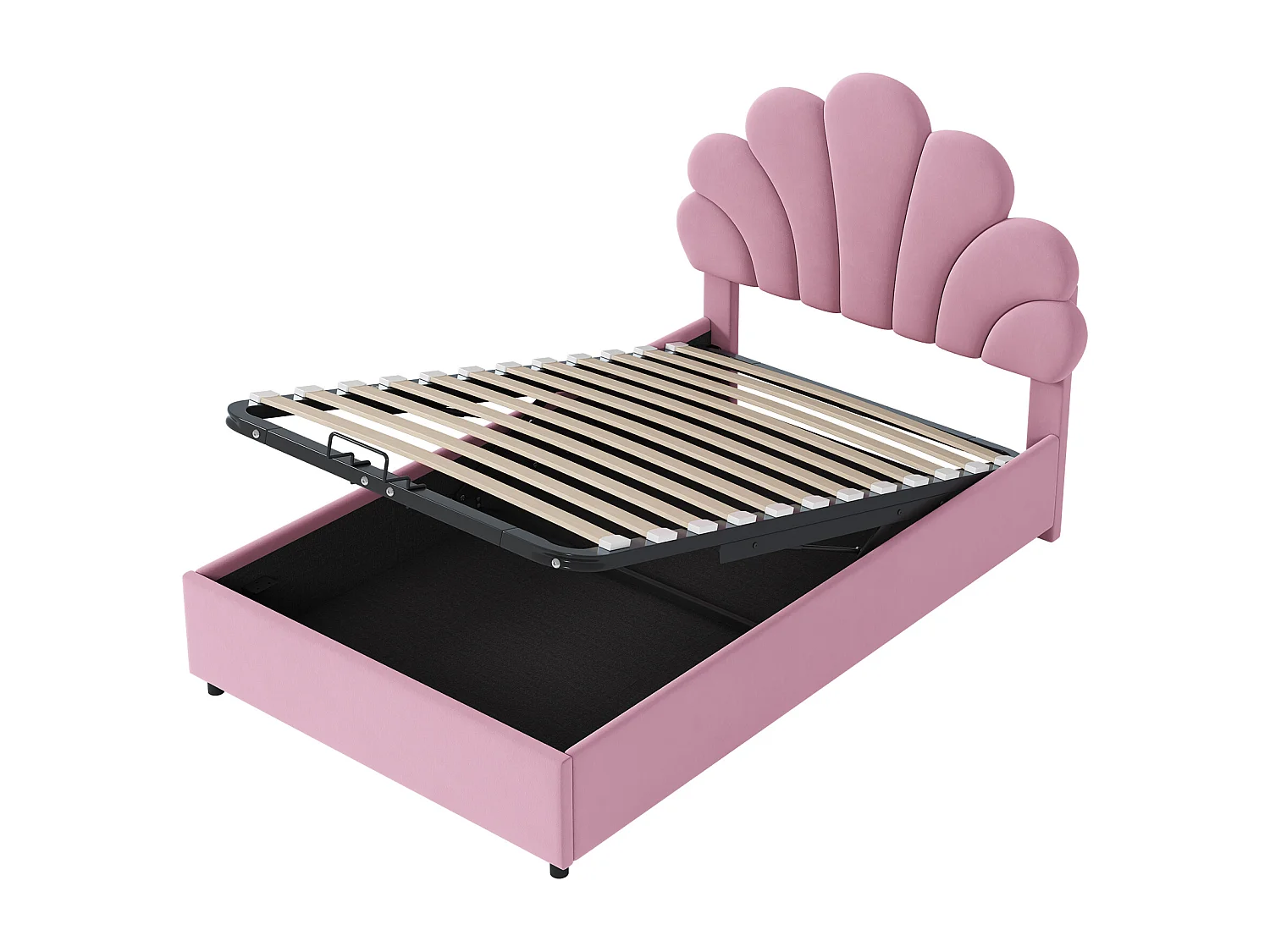 Lit coffre 90x200 cm rose en velours - lit adulte simple Tête Florale et Sommier - lit avec rangement - Sans Matelas