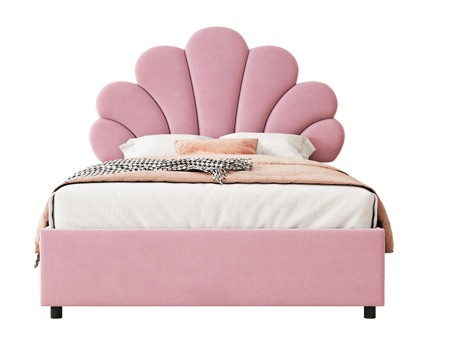 Lit coffre 90x200 cm rose en velours - lit adulte simple Tête Florale et Sommier - lit avec rangement - Sans Matelas
