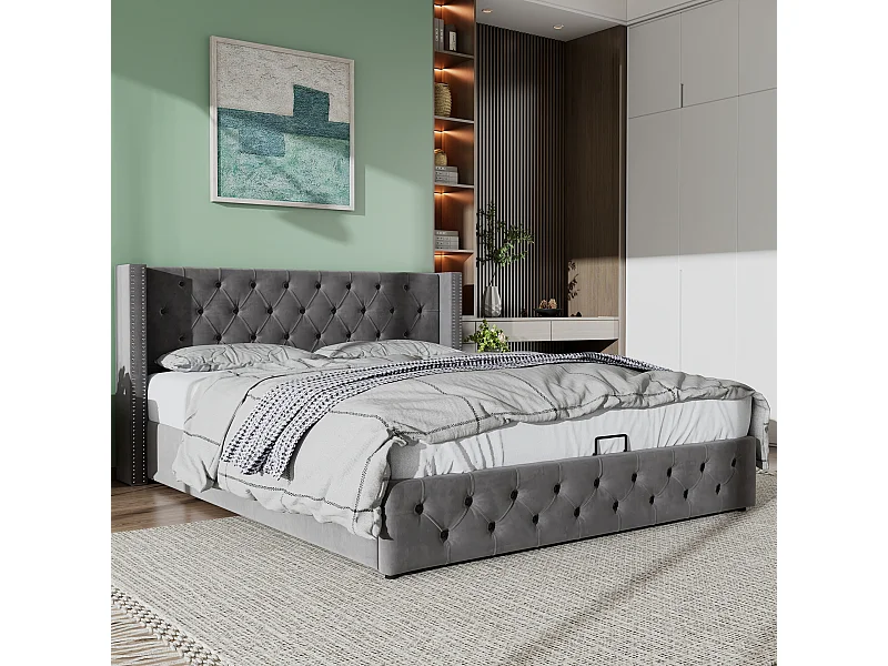 Lit coffre 180x200 cm - lit double en forme d'oreille double rangée de rivets - lit double - velours - gris