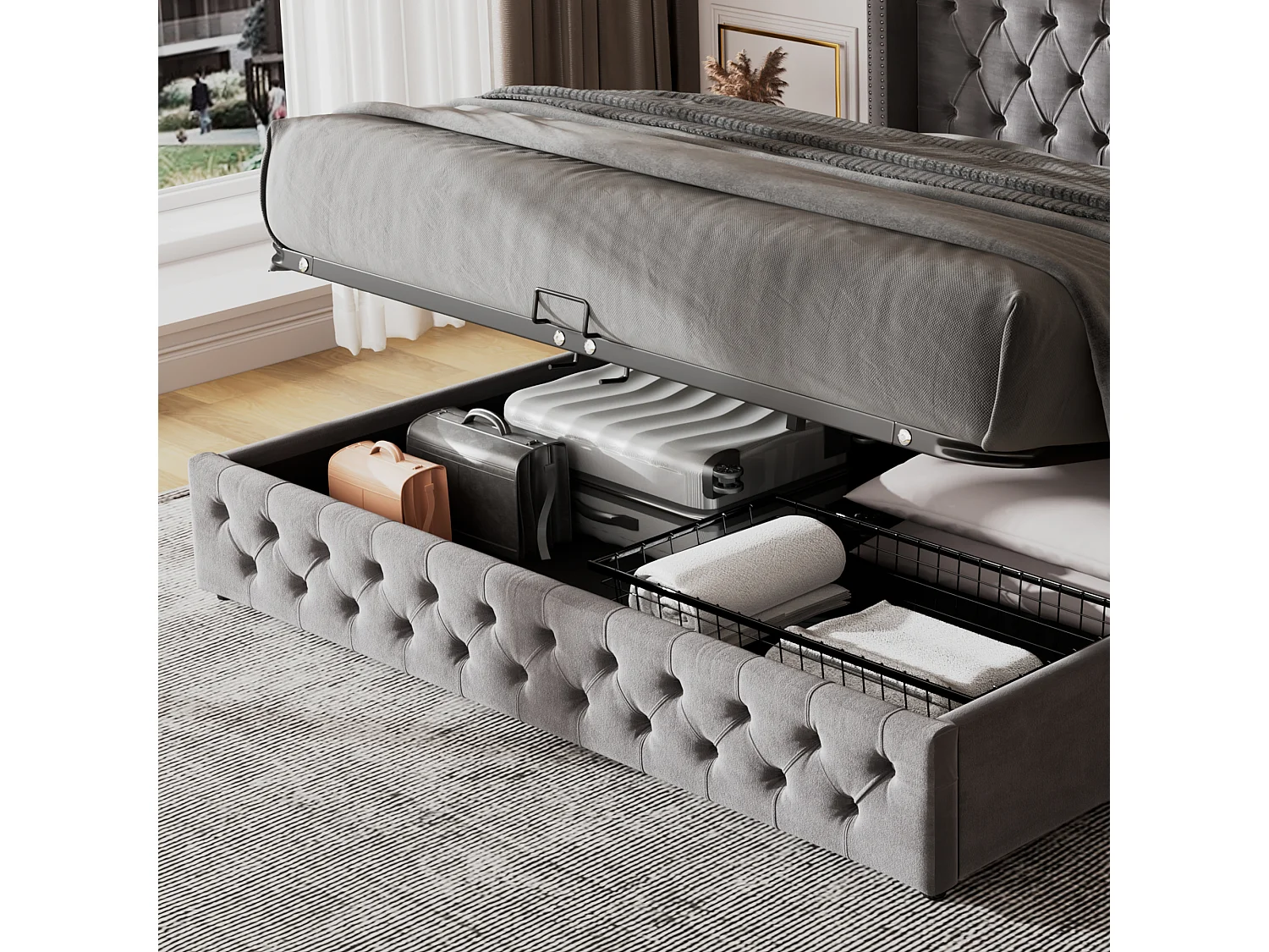 Lit coffre 180x200 cm - lit double en forme d'oreille double rangée de rivets - lit double - velours - gris