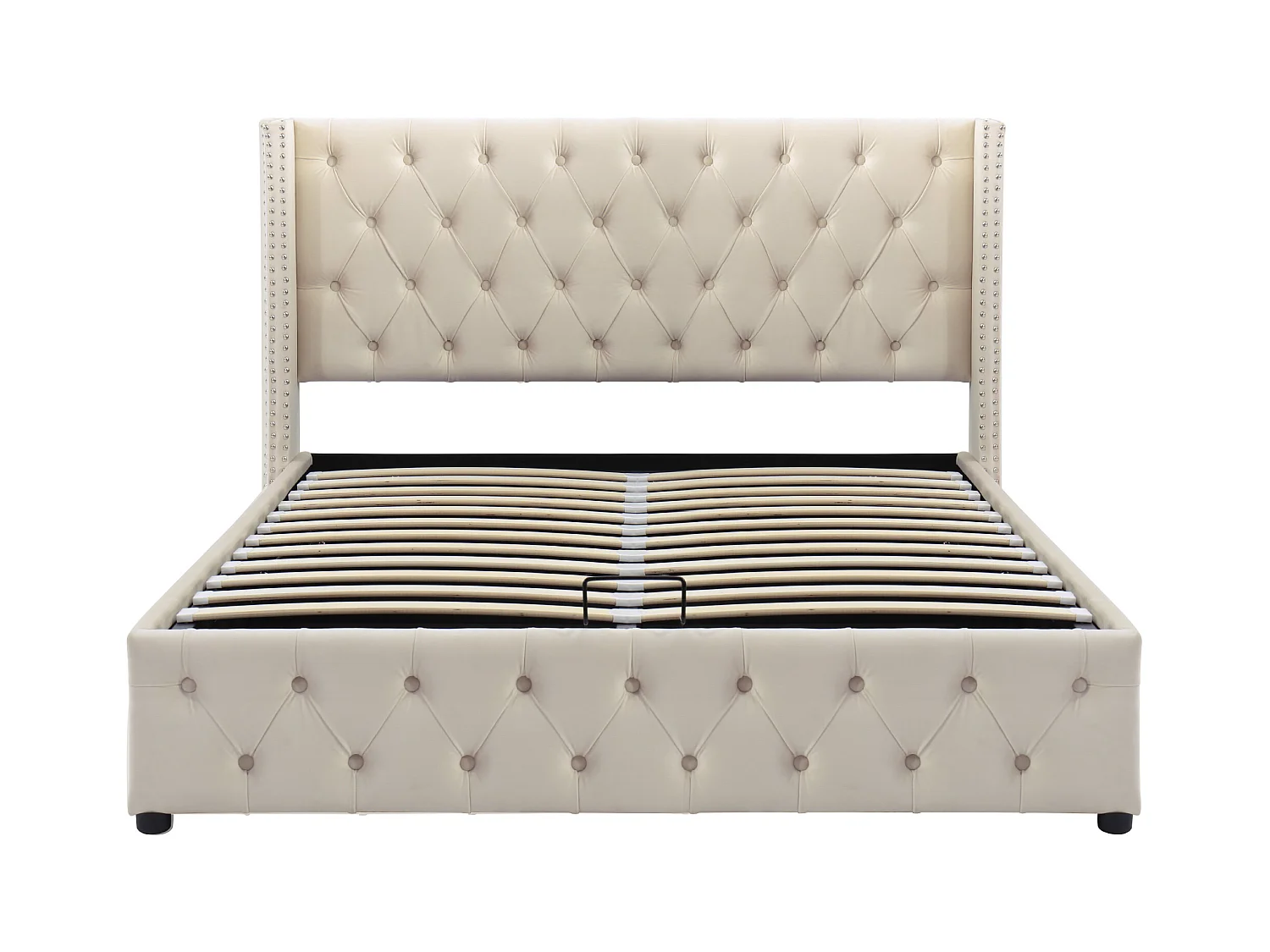 Lit coffre 140x190 cm - lit double en forme d'oreille double rangée de rivets - lit double - velours - beige
